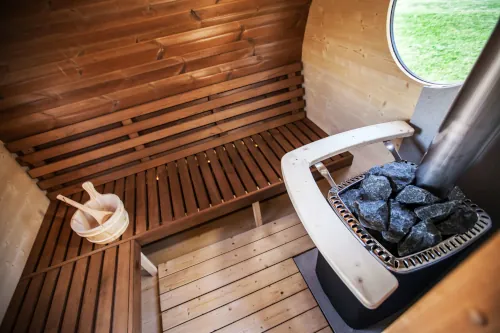 Sauna interior with wood-burning stove